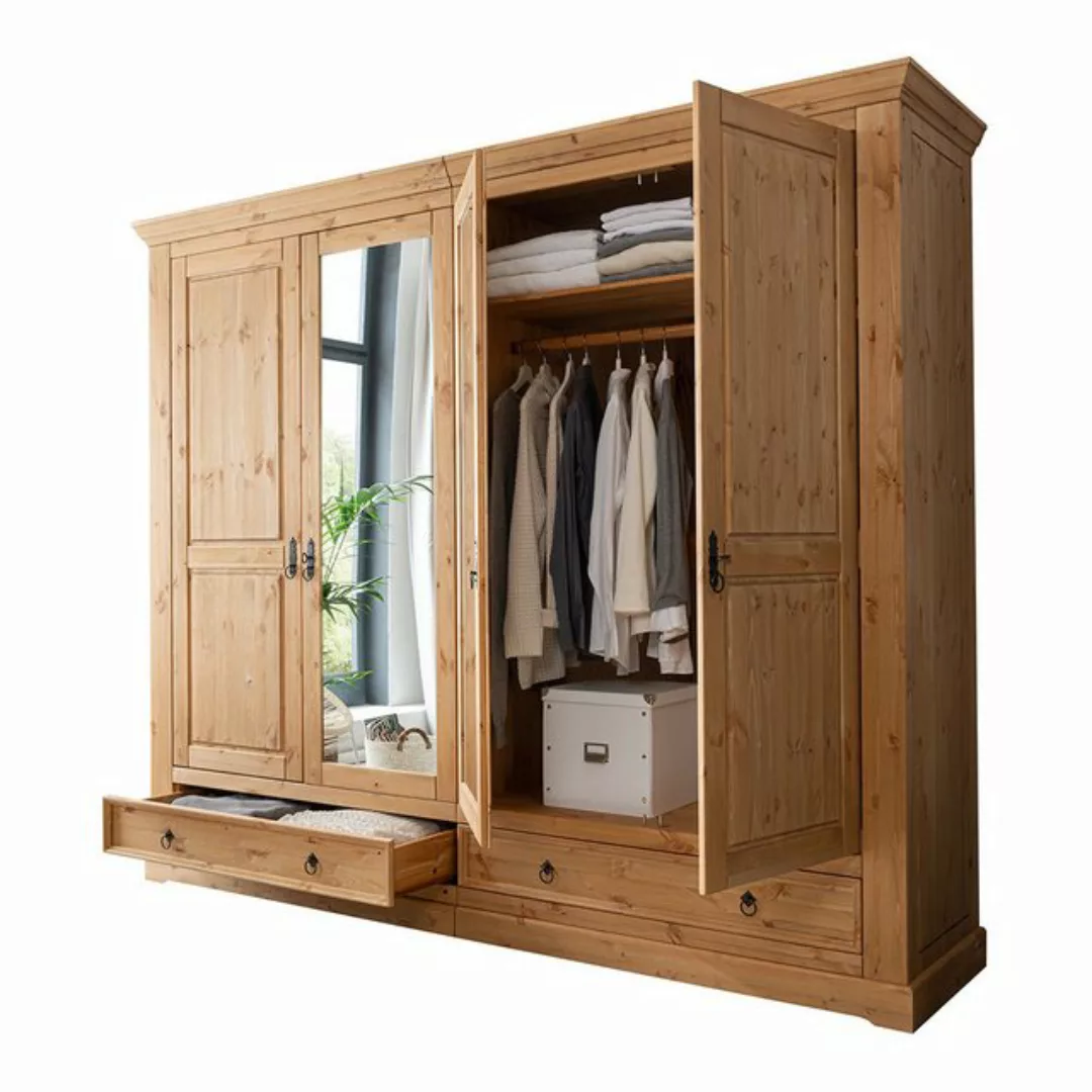 Lomadox Kleiderschrank STEINKJER-69 4-türig, 254cm breit, Kiefer massiv, ei günstig online kaufen