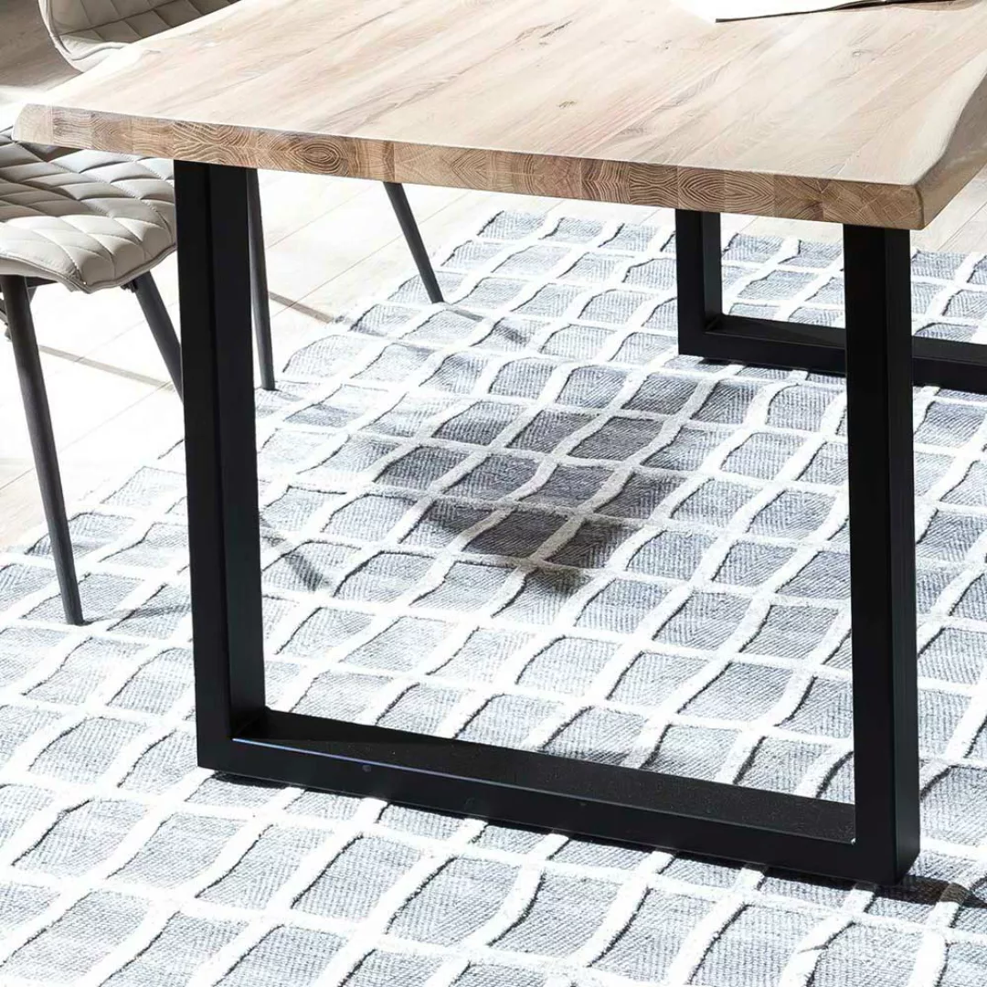 Baumkantentisch aus Eiche massiv White Wash geölt Metall Bügelgestell günstig online kaufen