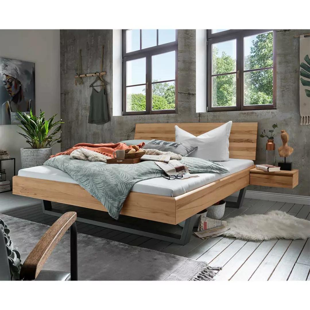 Metallkufenbett aus Kernbuche Massivholz zwei Nachtkommoden (dreiteilig) günstig online kaufen