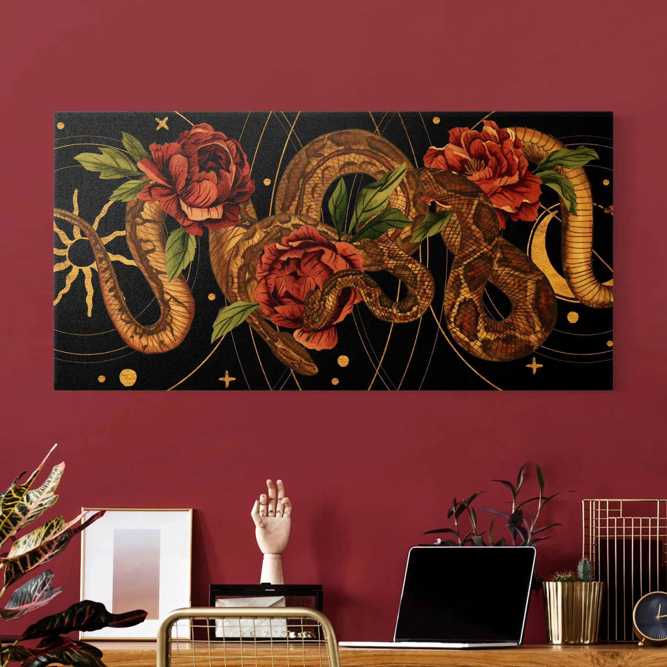 Leinwandbild Gold Schlangen mit Rosen vor Schwarz und Gold I günstig online kaufen