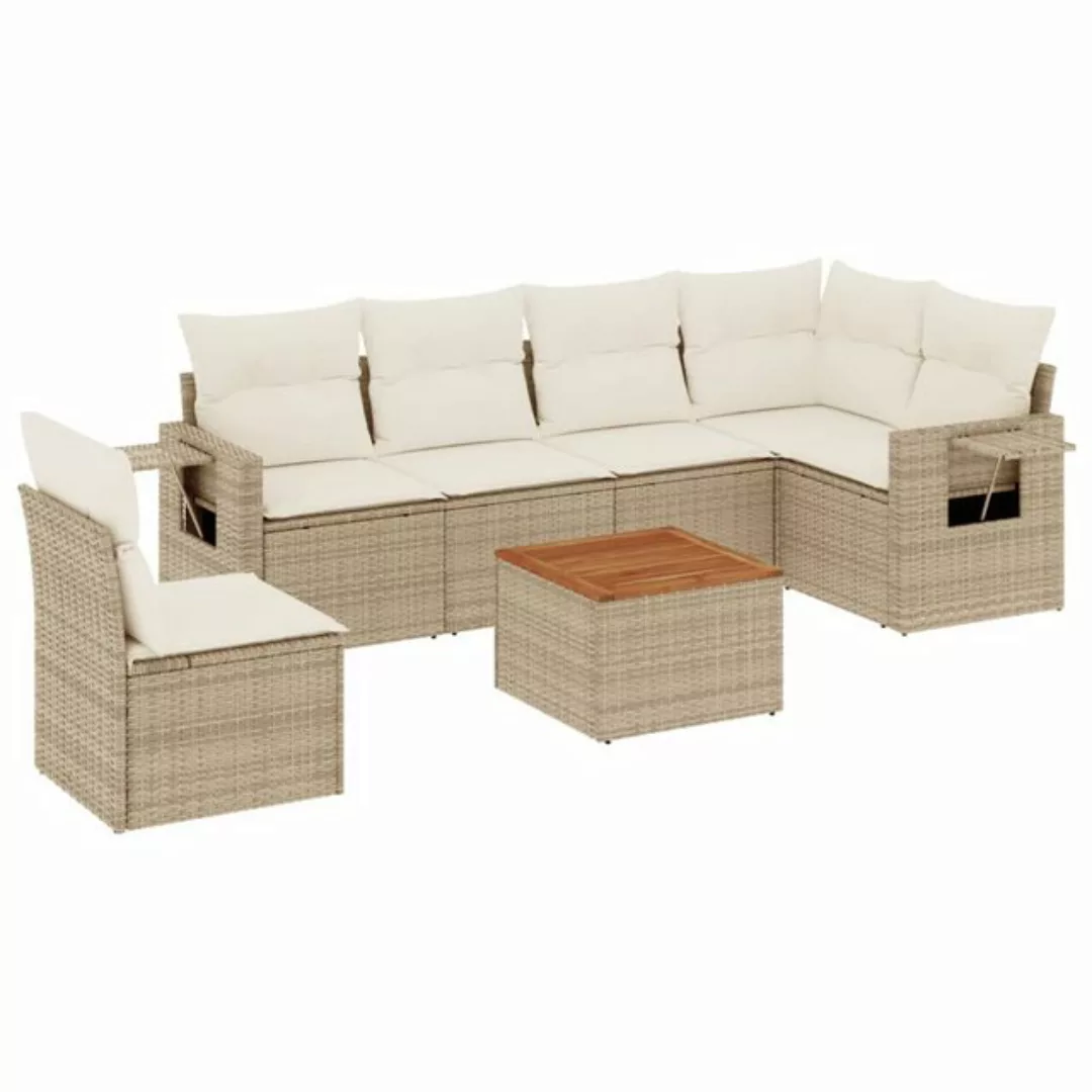 vidaXL Sofaelement 7-tlg. Garten-Sofagarnitur mit Kissen Beige Poly Rattan günstig online kaufen