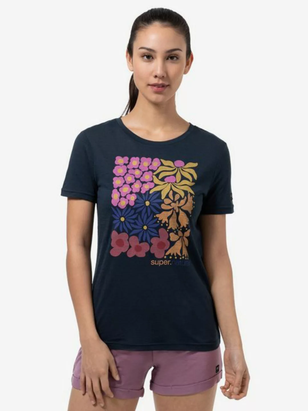 SUPER.NATURAL T-Shirt für Damen, Merino MAT IS Blumen Motiv, Reise, bunt günstig online kaufen