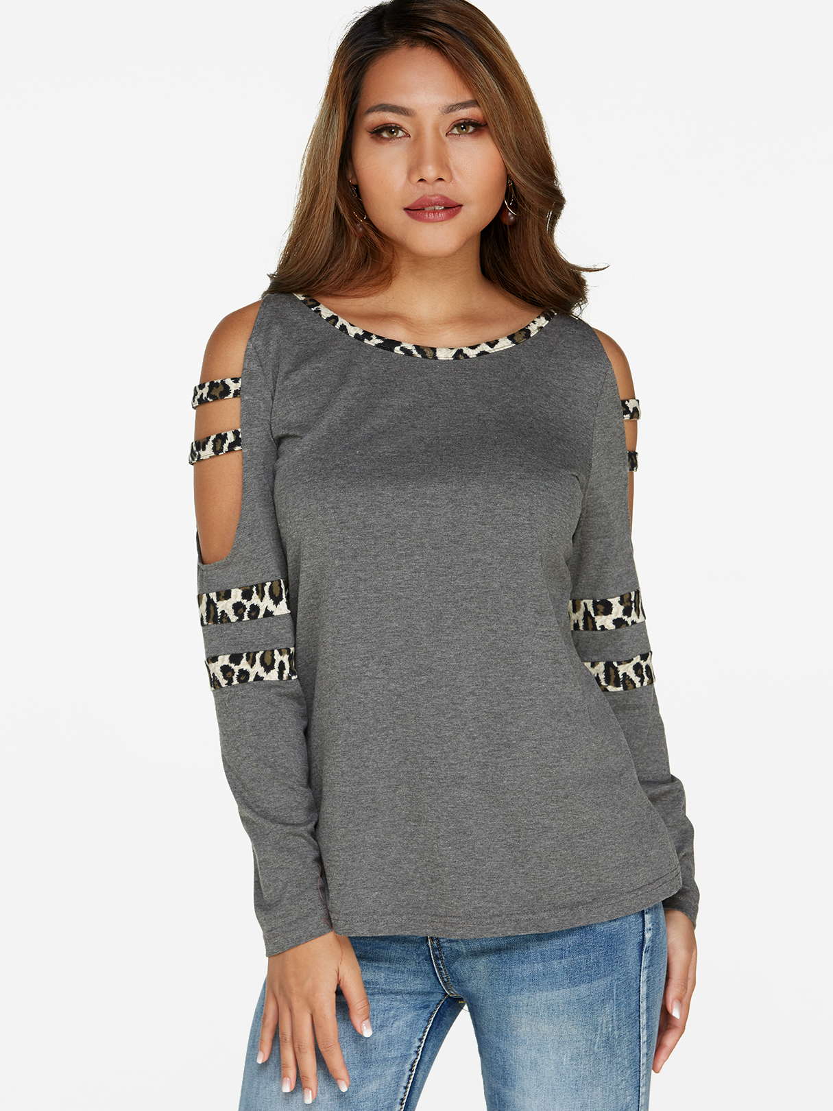 Graue Leopard Cold Shoulder Langarm T-Shirts günstig online kaufen