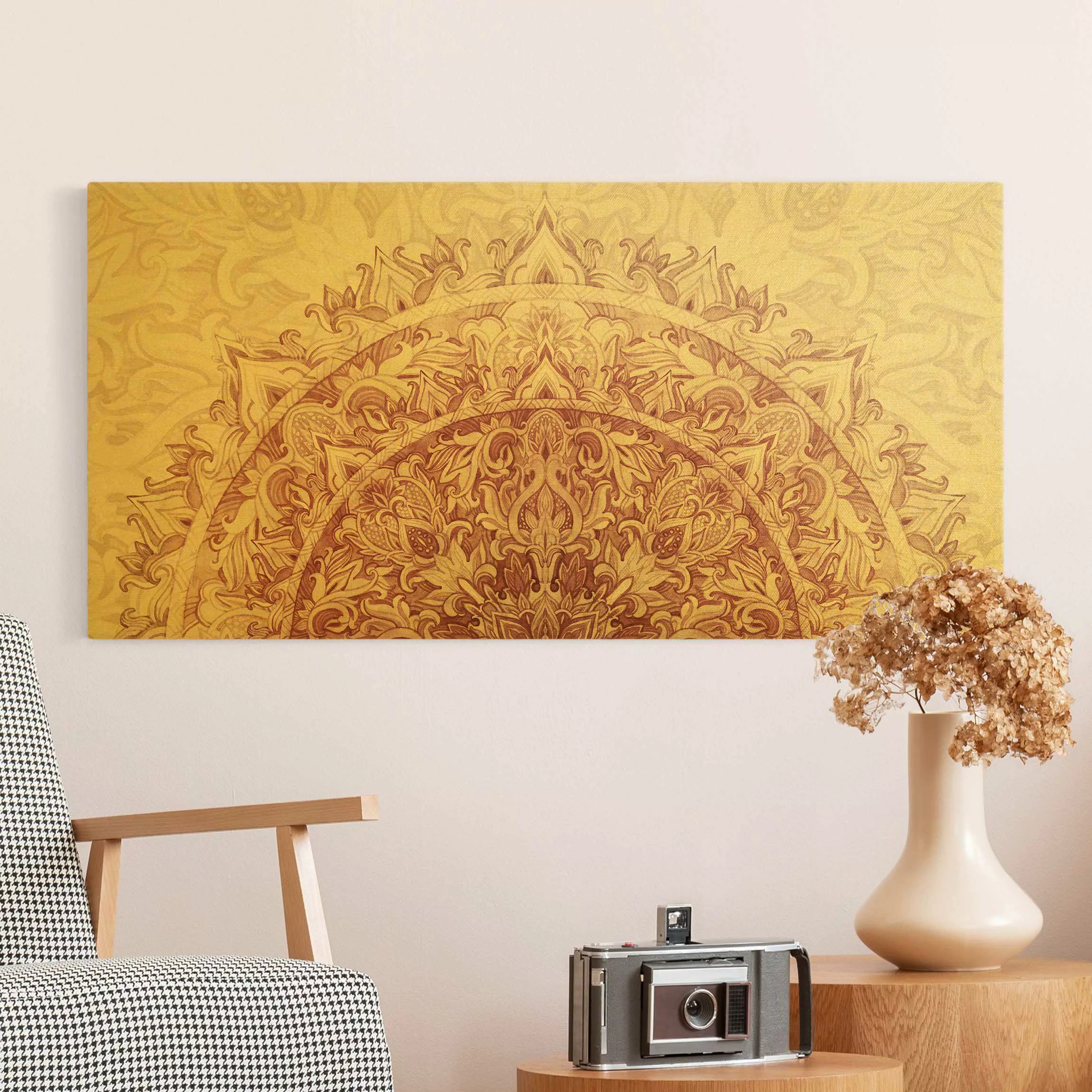 Leinwandbild Mandala Aquarell Ornament halbkreis rot günstig online kaufen