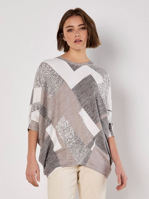 Apricot 3/4-Arm-Shirt Geometrisches Batwing-Jersey-Top, mit abgerundetem Sa günstig online kaufen