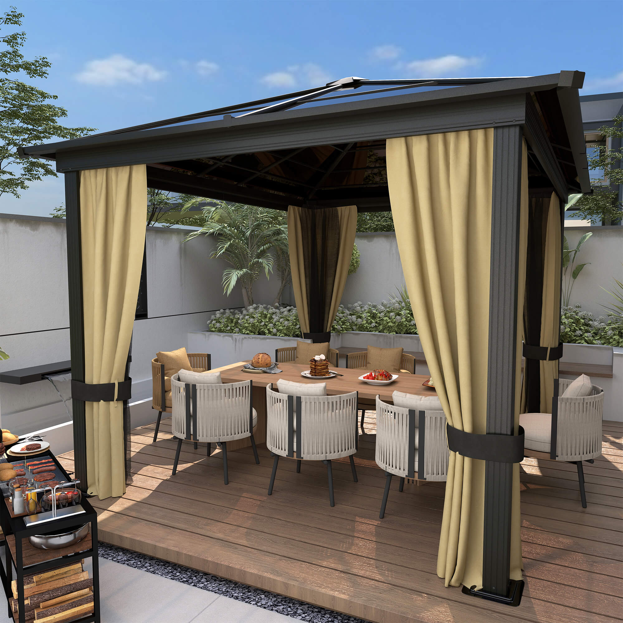Outsunny Hardtop-Pavillon, 3,6 x 3 x 2,6 m, mit 4 Seitenteilen, Fliegennetz günstig online kaufen