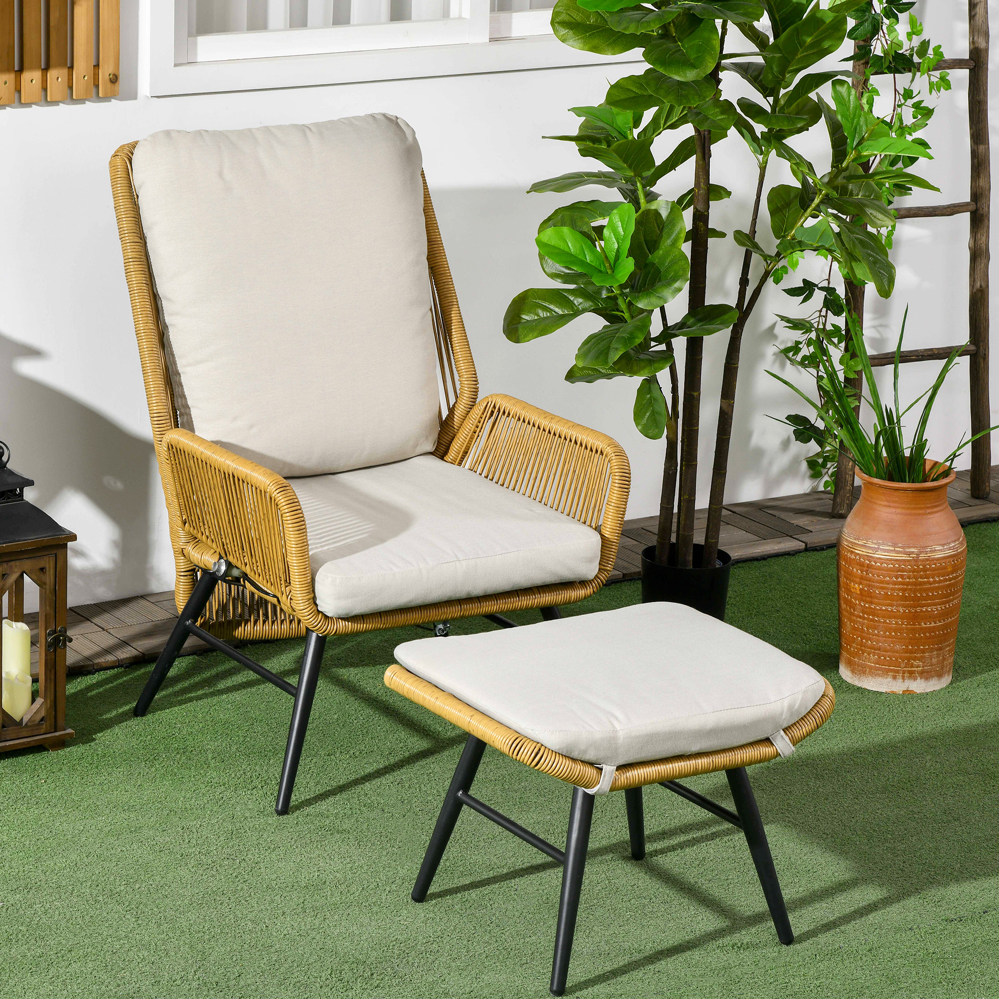 Outsunny Rattan Relaxsessel mit Fußhocker, verstellbare Rückenlehne, Outdoo günstig online kaufen