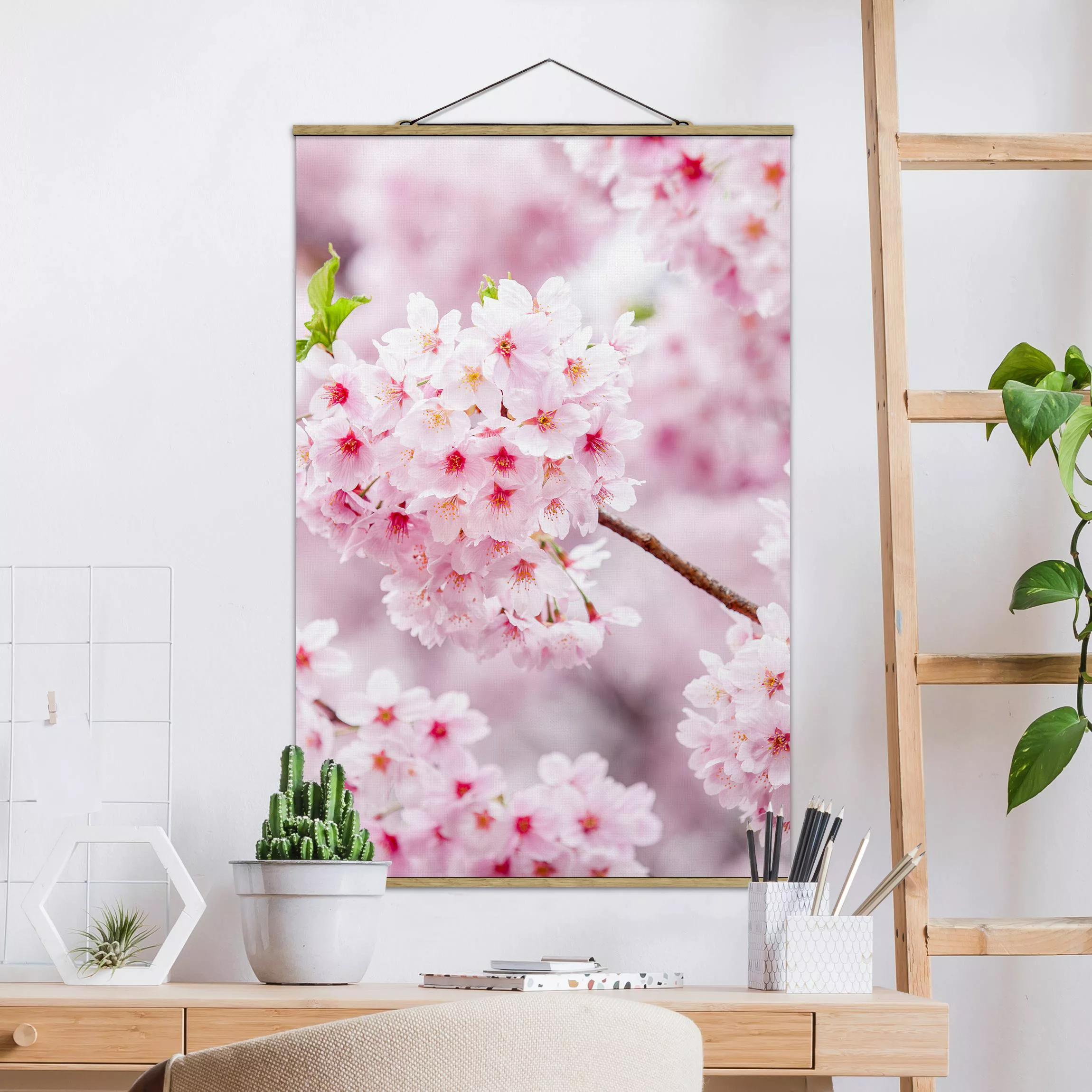 Stoffbild mit Posterleisten Japanische Kirschblüten günstig online kaufen