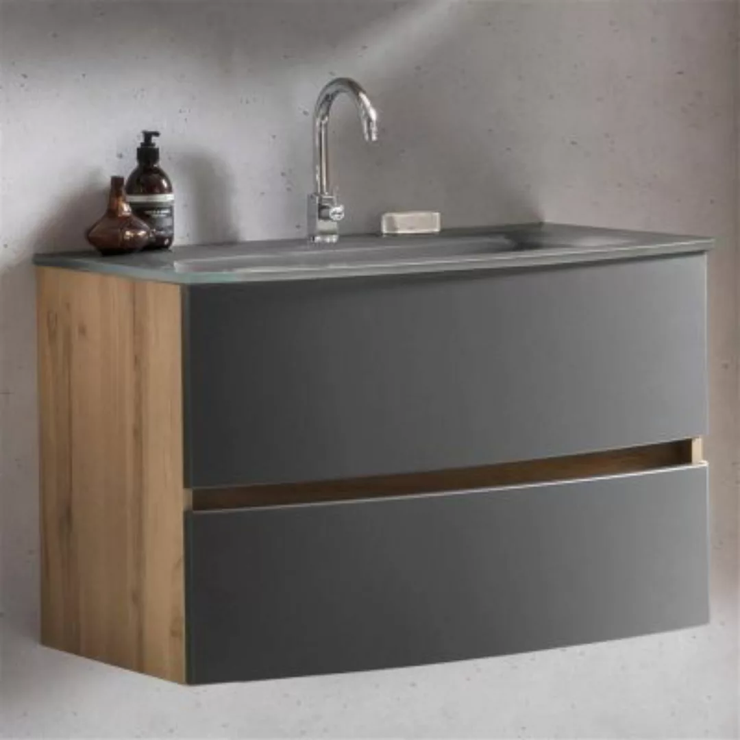 Lomadox Waschtisch Badezimmer 80 cm Wotaneiche Nb. mit matt grau LAURIA-03 günstig online kaufen