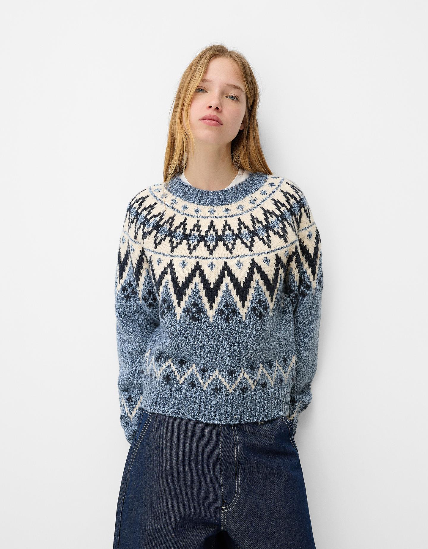 Bershka Pullover Aus Jacquard Mit Print Damen Xs Blau günstig online kaufen