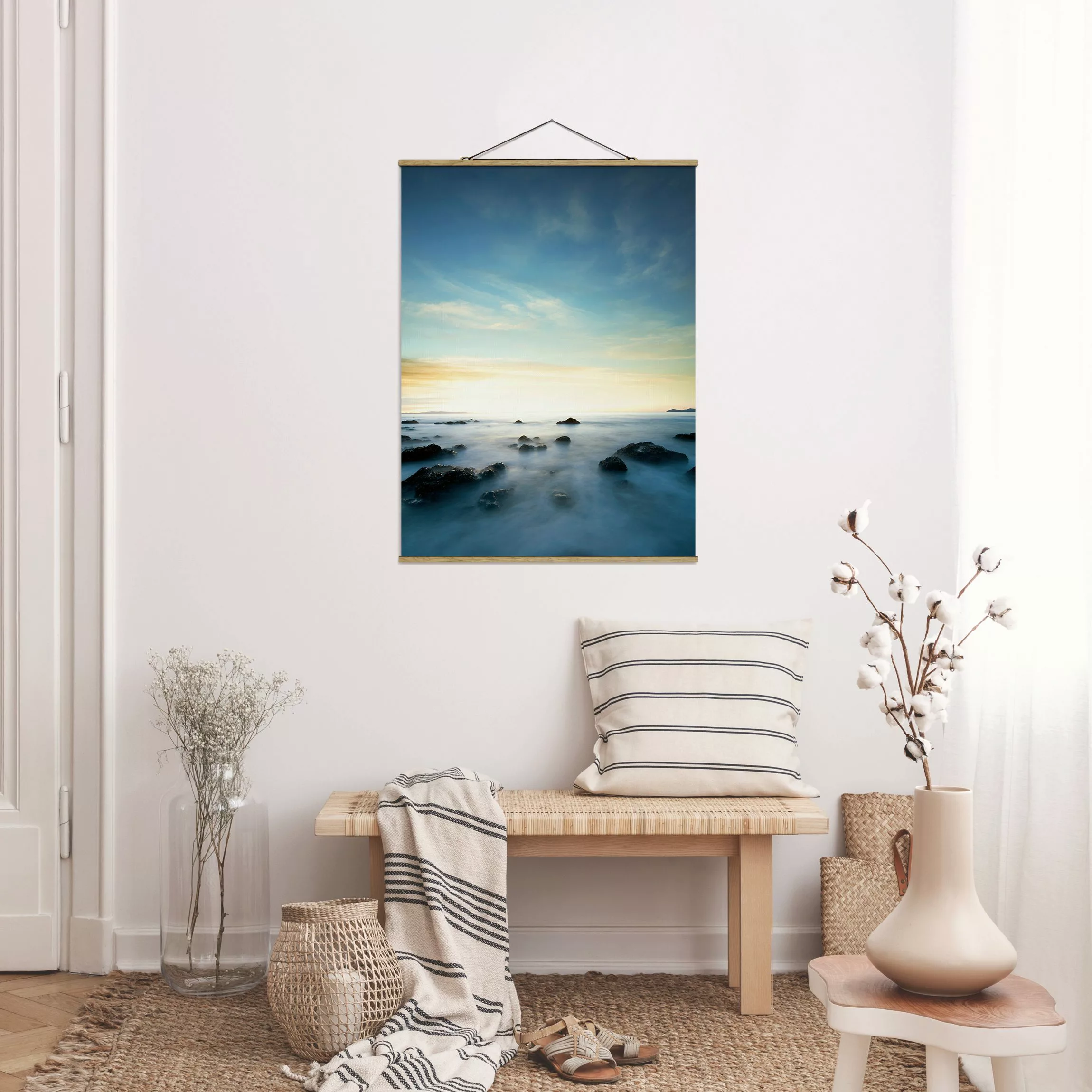 Stoffbild Landschaft mit Posterleisten - Hochformat Sonnenuntergang über de günstig online kaufen