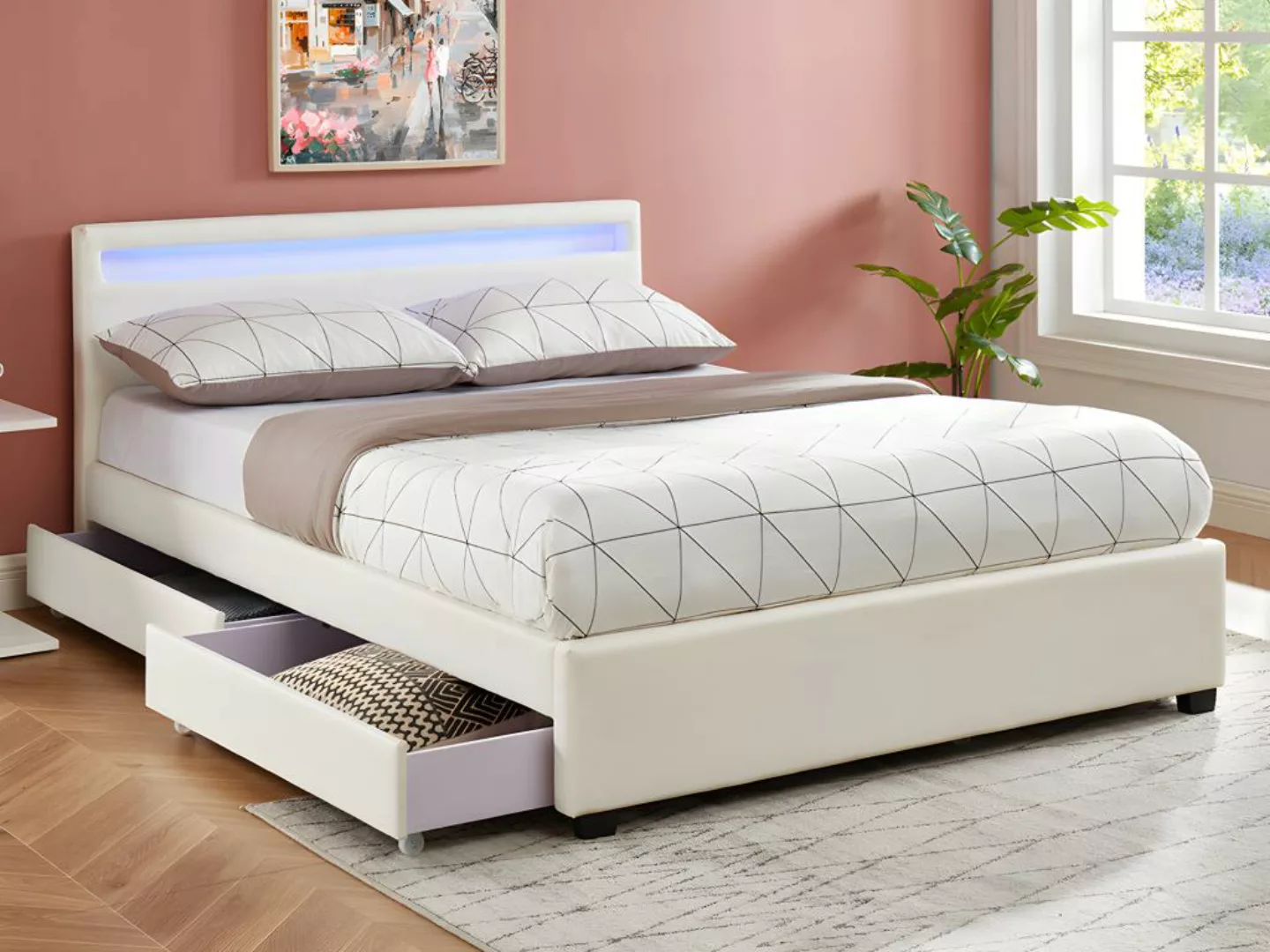 Bett mit Stauraum & LED-Beleuchtung - Kunstleder - 140 x 190 cm - Weiß + Ma günstig online kaufen