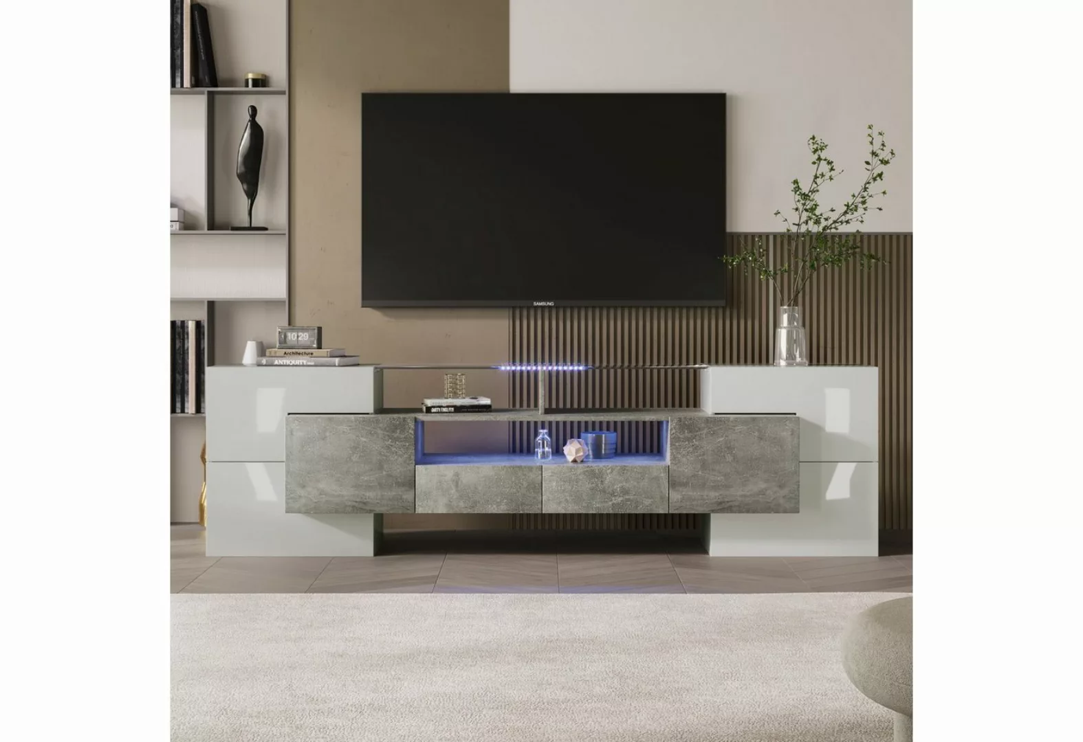 Odikalo TV-Schrank Sideboard Lowboard Hochglänzend 200cm LED Glasoberfläche günstig online kaufen
