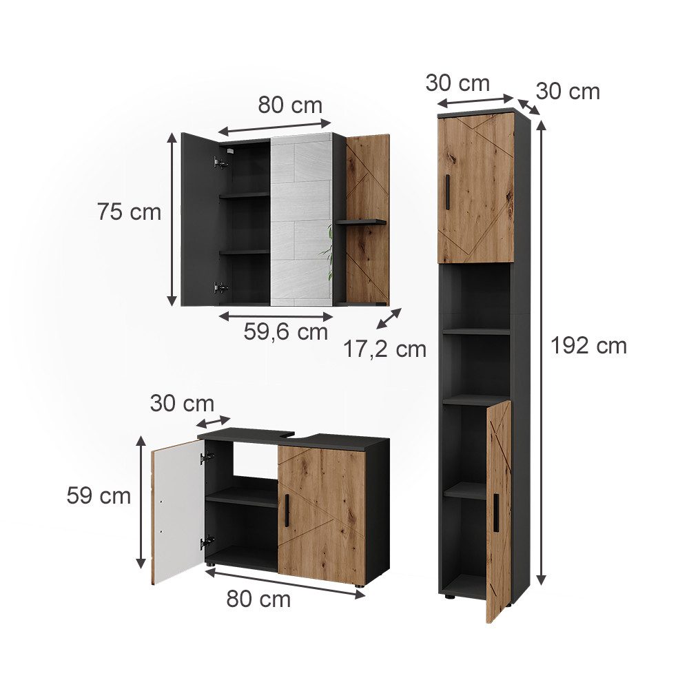 Vicco Badmöbel-Set Irma, Anthrazit/Artisan, 3 Teile, günstig online kaufen