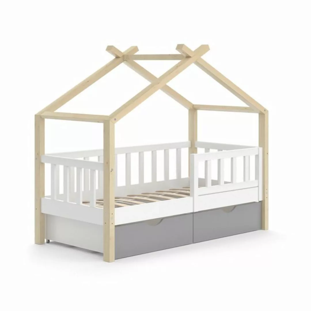 Vicco Kinderbett Hausbett Einzelbett 70x140cm DESIGN Natur Weiß günstig online kaufen