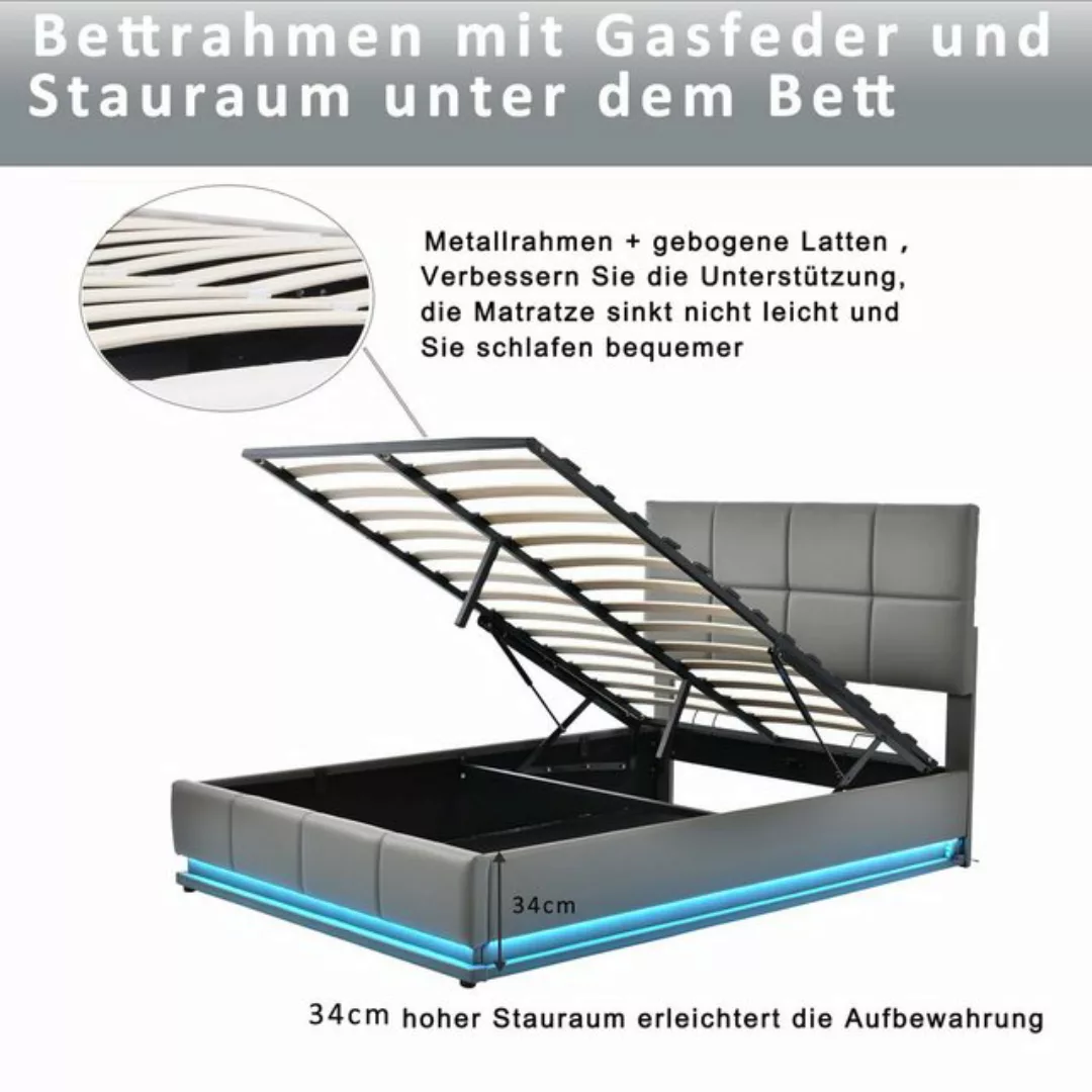 Odikalo Stauraumbett Polsterbett 16-LED Kasten Lattenrost PU-Leder Weiß/Gra günstig online kaufen