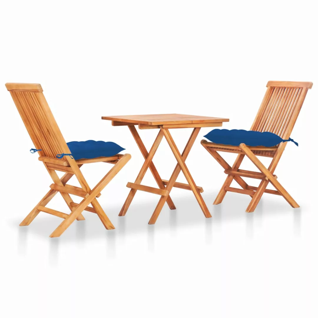 3-tlg. Bistro-set Mit Blauen Kissen Massivholz Teak günstig online kaufen