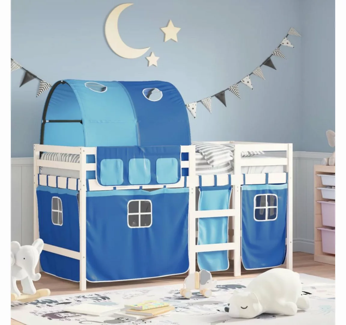vidaXL Bett Kinderhochbett mit Tunnel Blau 90x200 cm Massivholz Kiefer günstig online kaufen