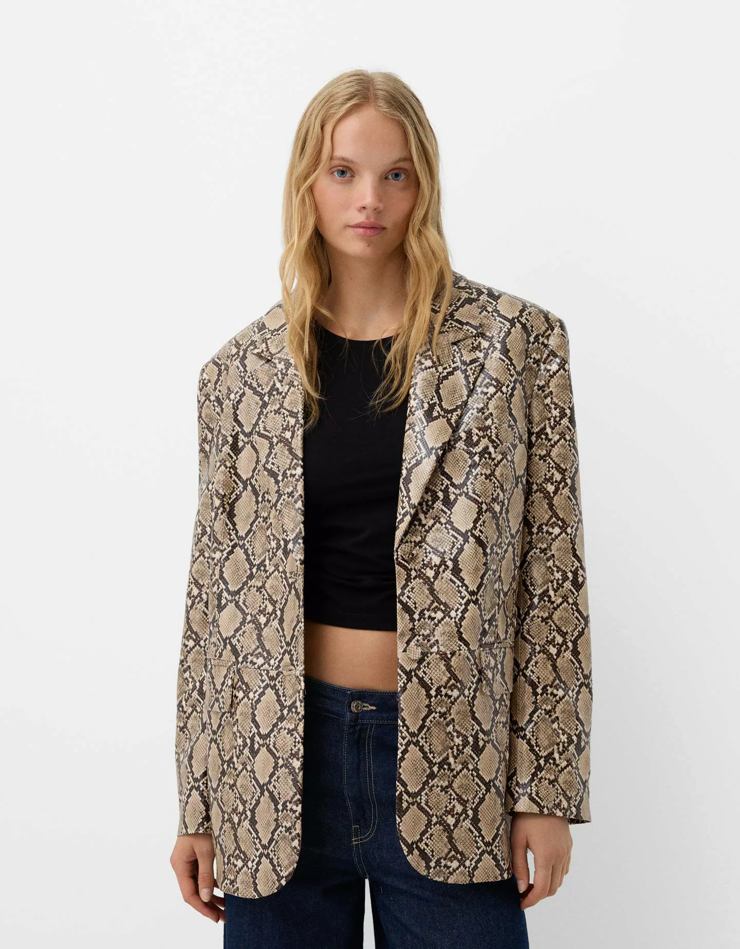 Bershka Blazer Aus Kunstleder Mit Animalprint Damen L Beige günstig online kaufen