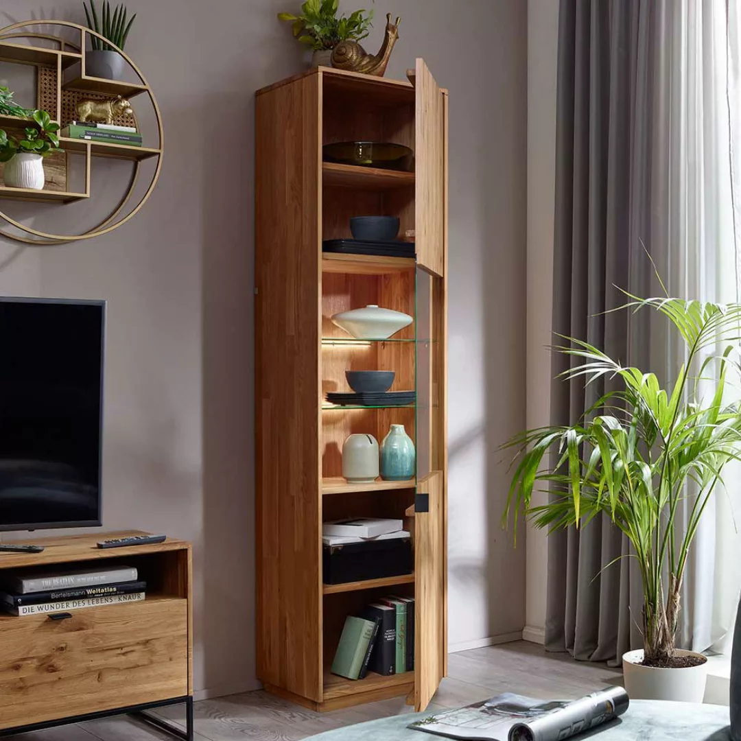 Wohnzimmer Vitrinenschrank aus Wildeiche Massivholz Metallgriff günstig online kaufen