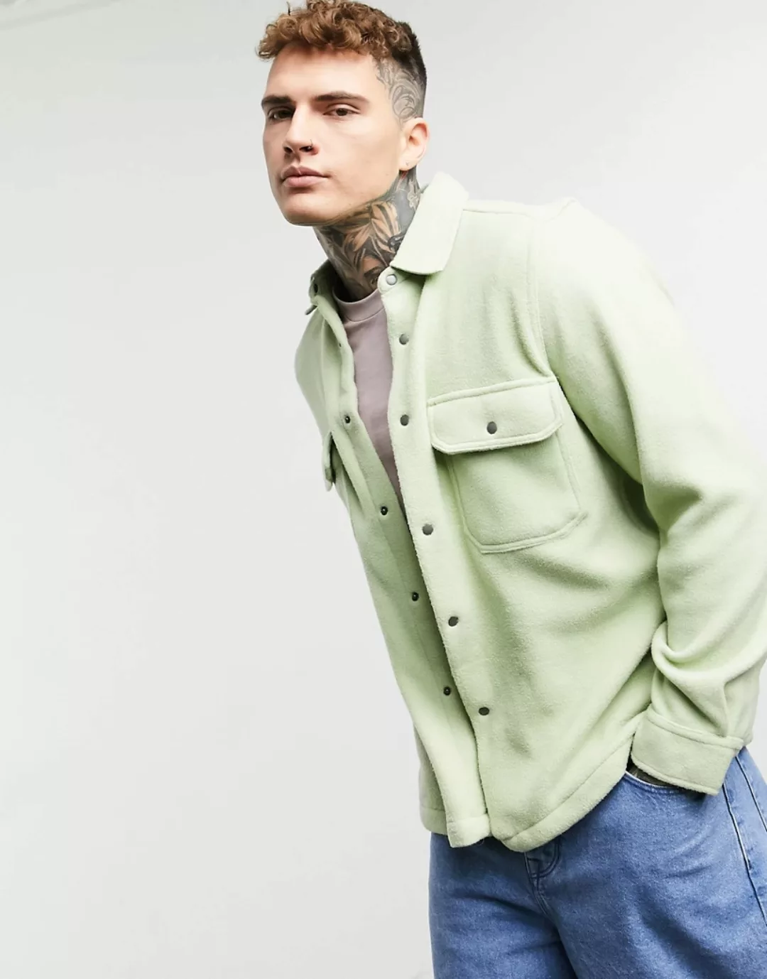ASOS DESIGN – Hemdjacke aus Fleece in Salbeigrün günstig online kaufen