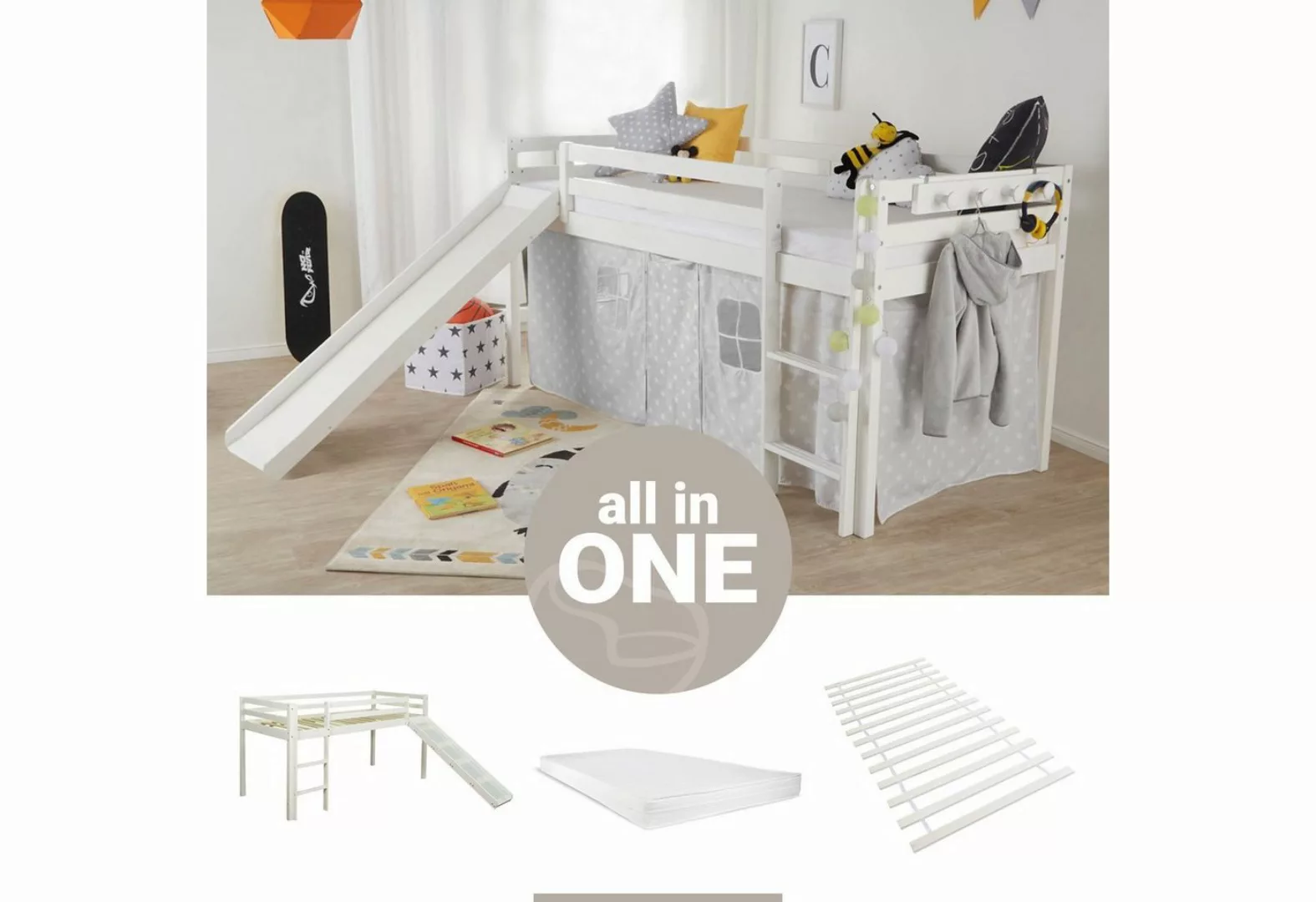 Homestyle4u Hochbett Kinderbett 90x200 Weiß oder Grau Kiefer mit Vorhang Sp günstig online kaufen