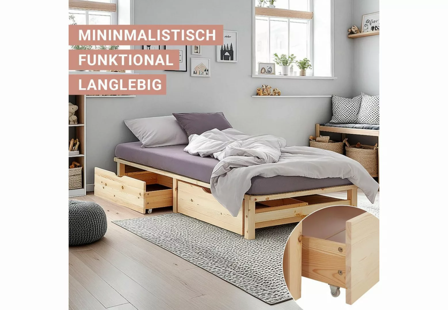 Homestyle4u Holzbett 90x200 / 100x200 / 140x200 Weiß Natur Grau Palettenbet günstig online kaufen