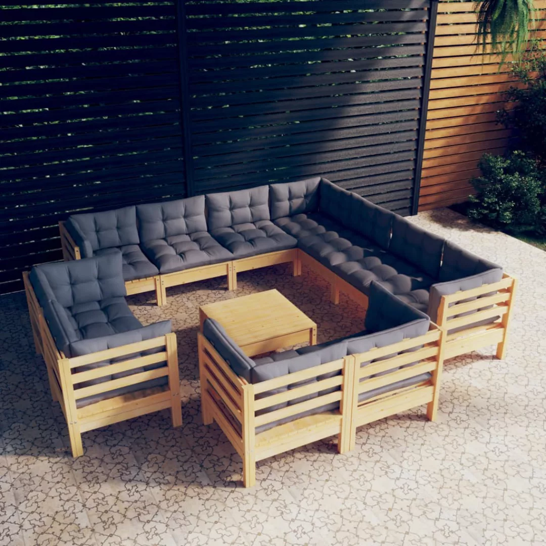 12-tlg. Garten-lounge-set Mit Grauen Kissen Massivholz Kiefer günstig online kaufen