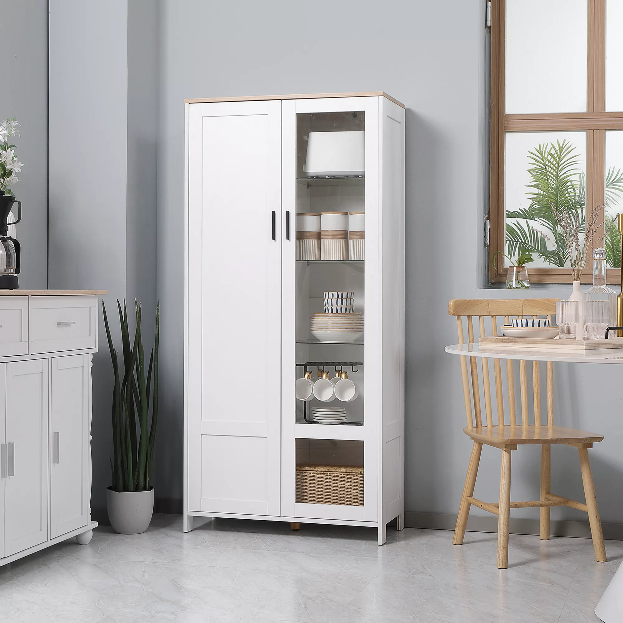 HOMCOM Küchenbuffet, Küchenschrank, Vitrine, 2 Türen, davon eine verglast - günstig online kaufen