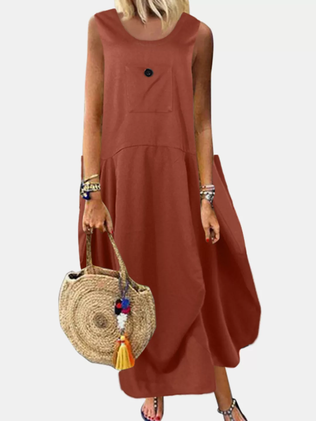Einfarbige Seitentaschen mit O-Ausschnitt Ärmellose Maxi Kleid günstig online kaufen