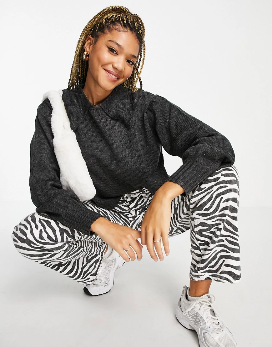 Wednesday's Girl – Pullover mit Ballonärmeln und Kragen-Grau günstig online kaufen