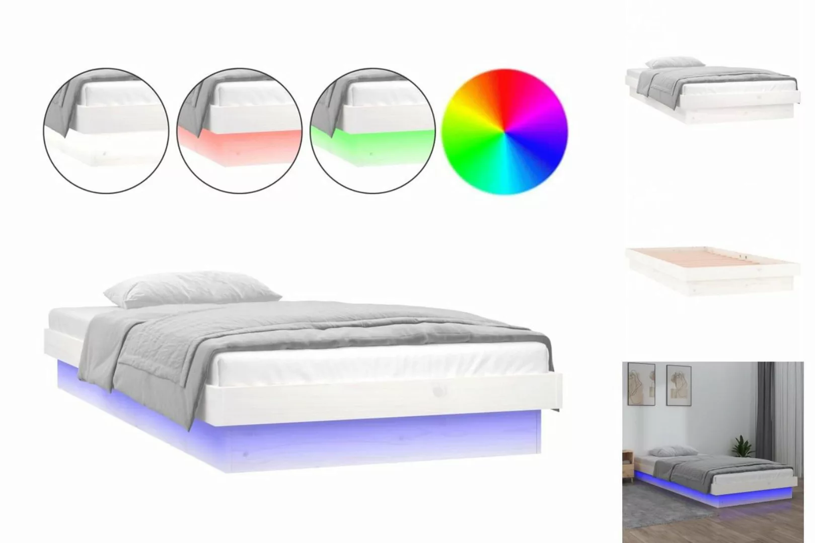 vidaXL Bettgestell Massivholzbett mit LEDs Weiß 100x200 cm Bett Bettrahmen günstig online kaufen