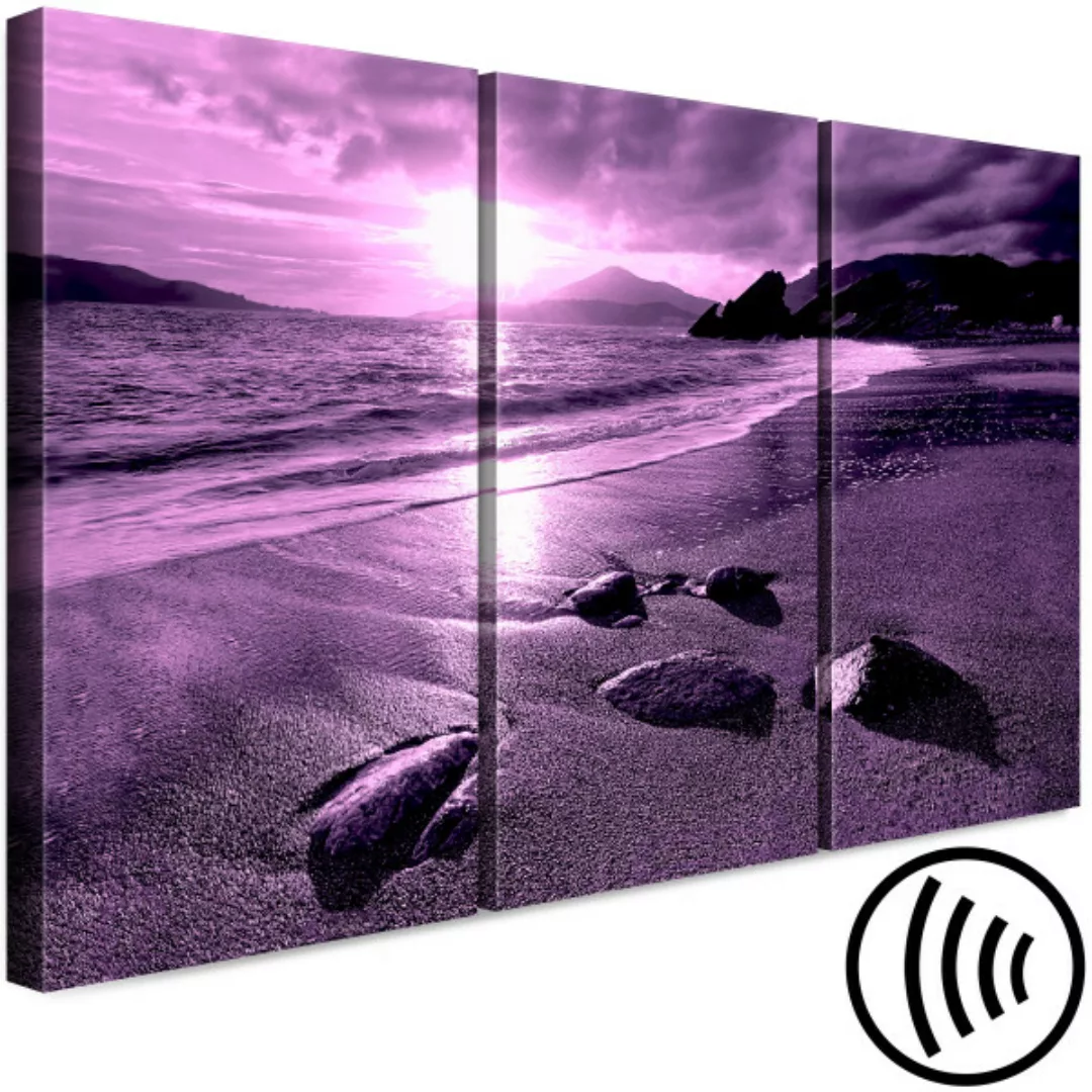 Bild auf Leinwand Lila Sonnenuntergang - Triptychon mit Strand, Meer und Be günstig online kaufen