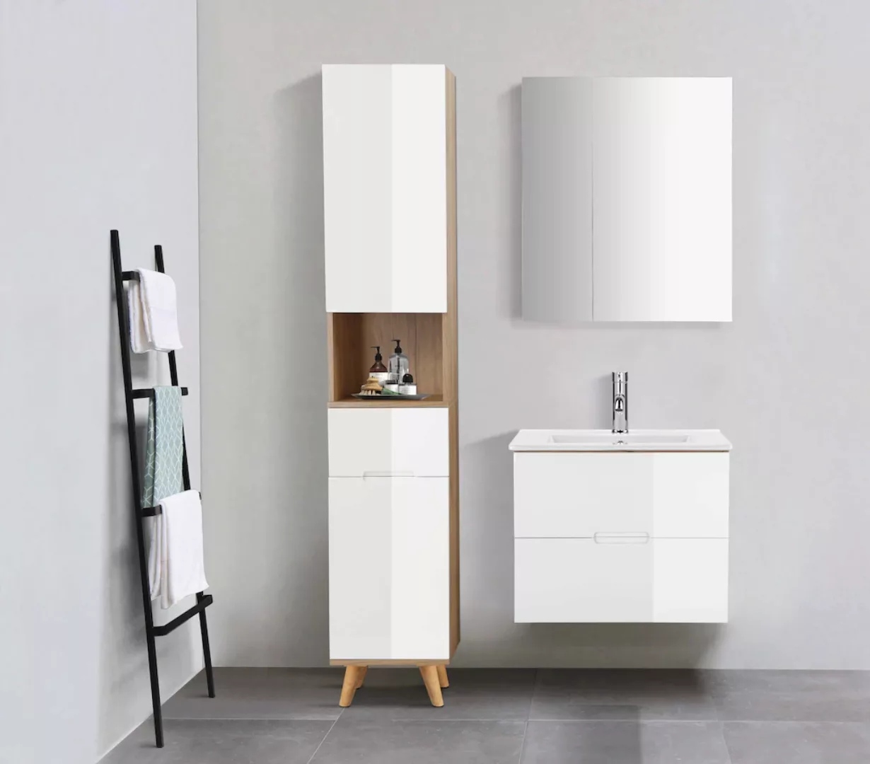 welltime Hochschrank "Lund Badschrank skandinavisches Design mit viel Staur günstig online kaufen