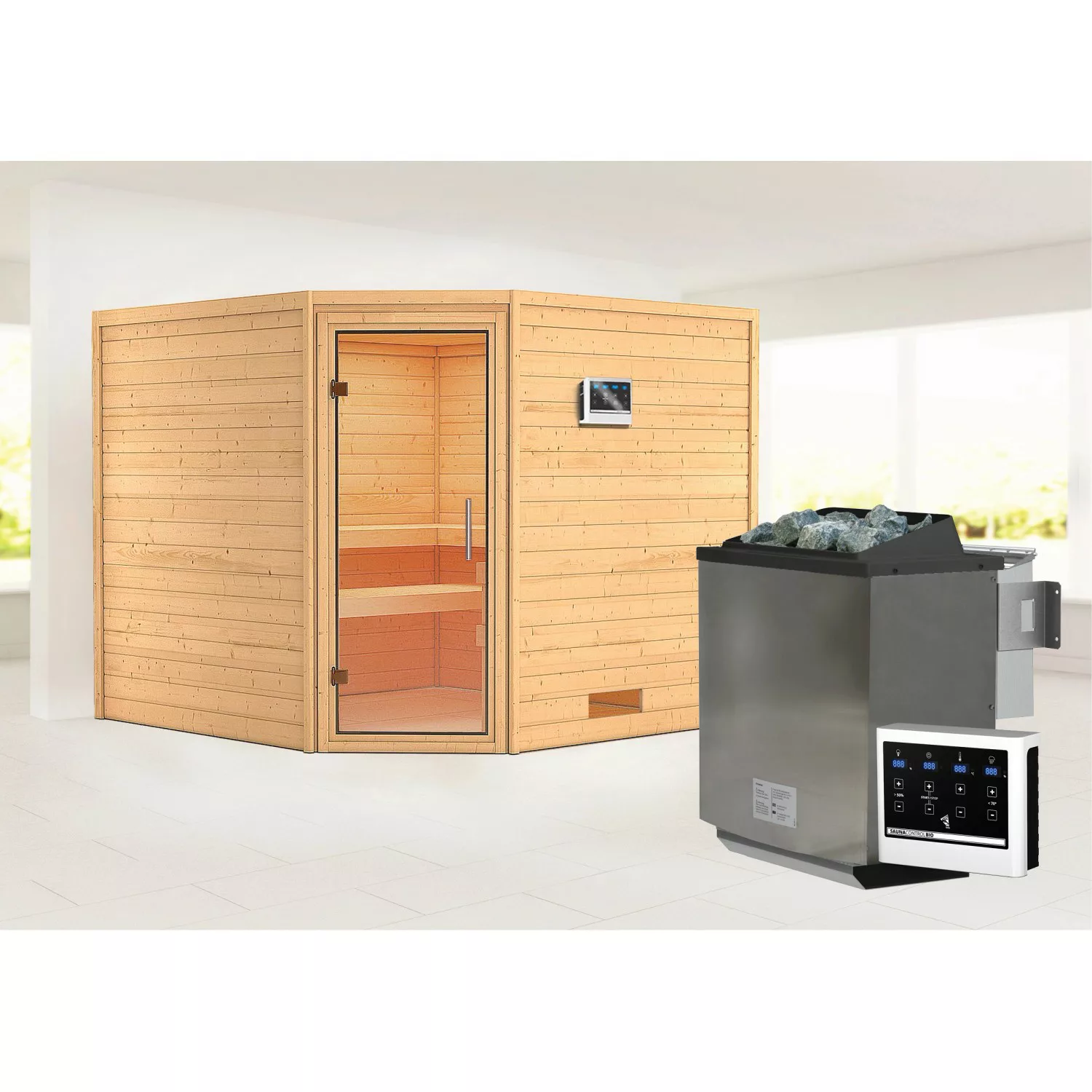 Karibu Sauna »"Leona" mit Klarglastür 2 Ofen 9 kW Bio externe Strg modern«, günstig online kaufen