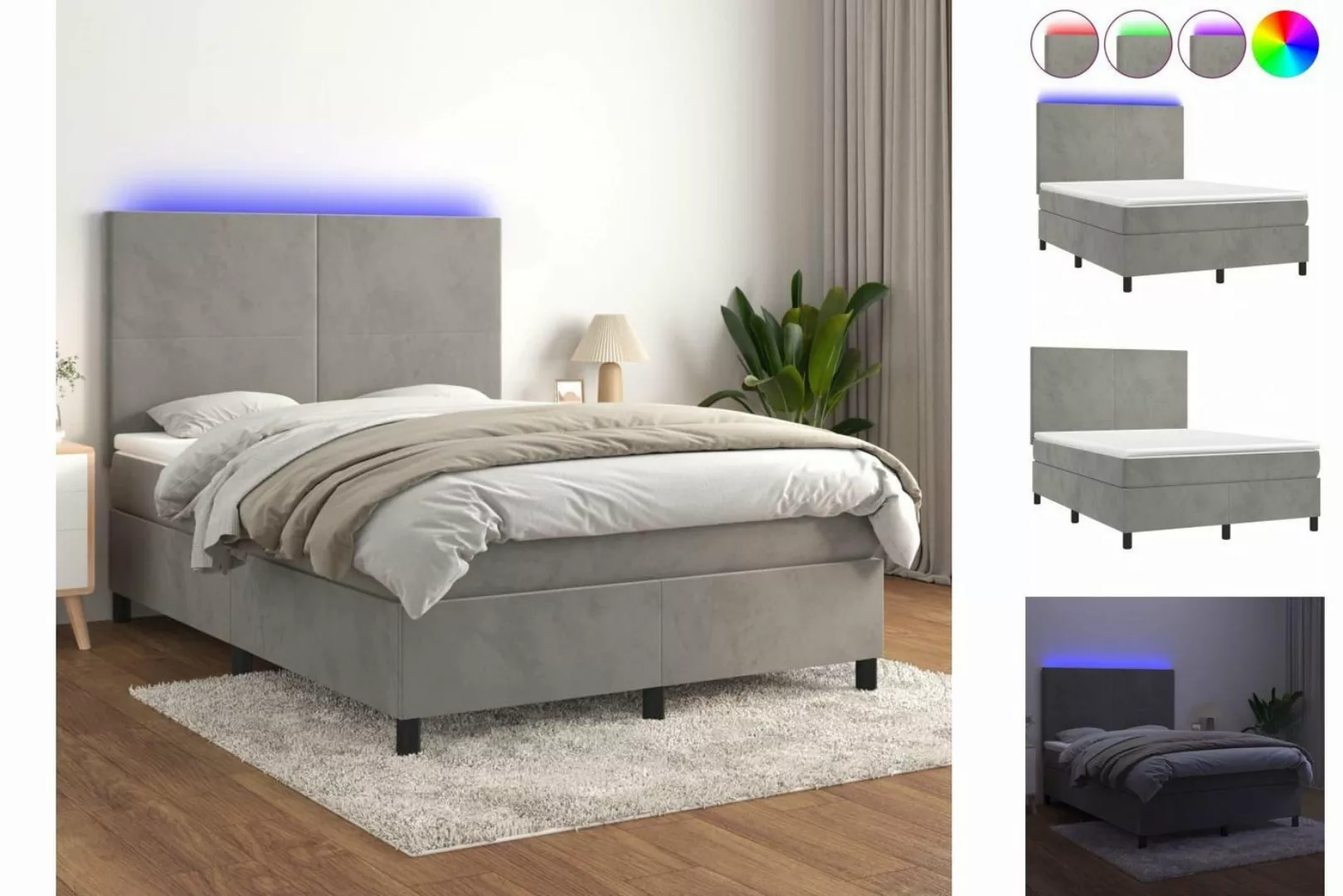 vidaXL Boxspringbett Boxspringbett mit Matratze LED Hellgrau 140x190 cm Sam günstig online kaufen