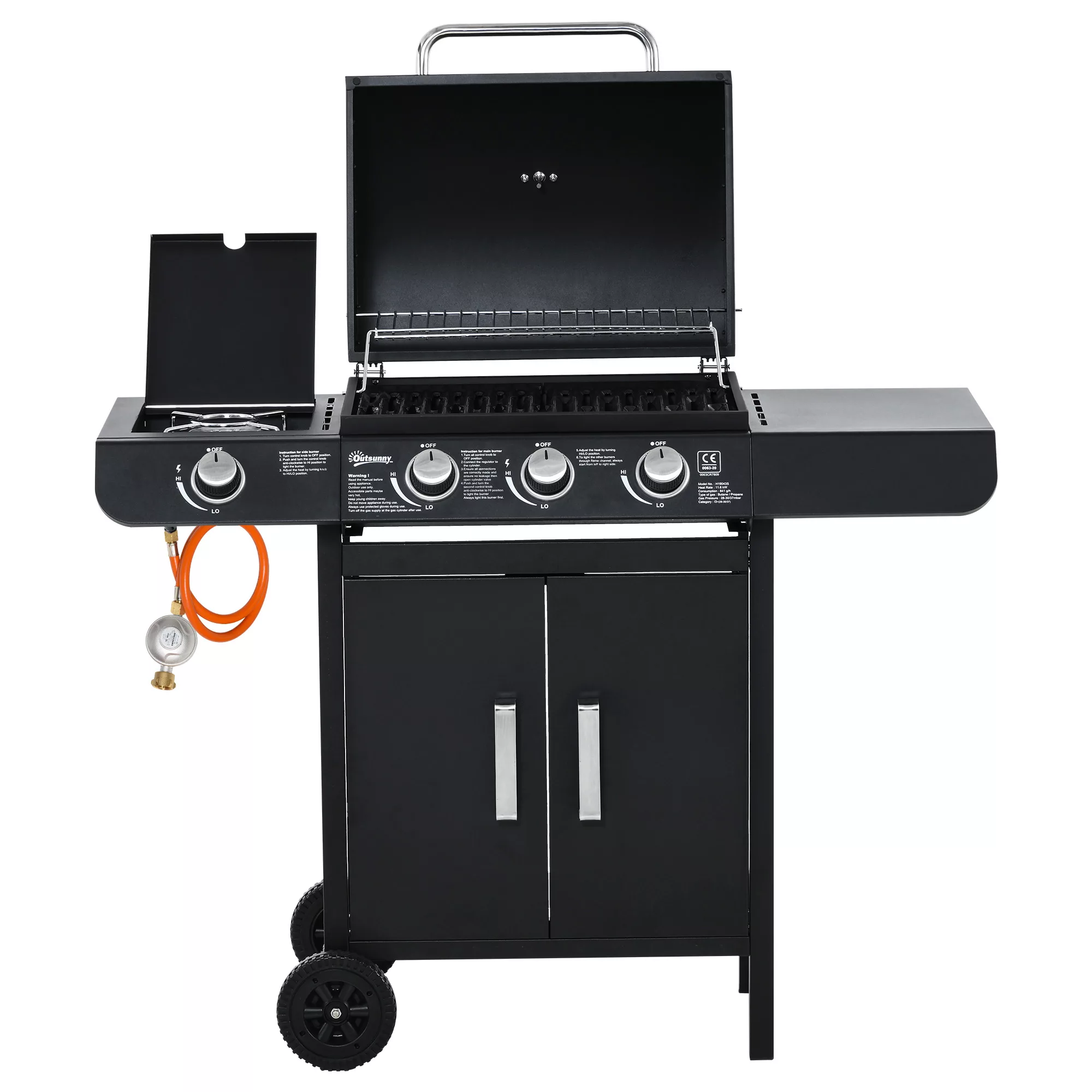 Outsunny Gasgrill BBQ Grillwagen mit 3 Brennern 1 Seitenbrenner Druckminder günstig online kaufen