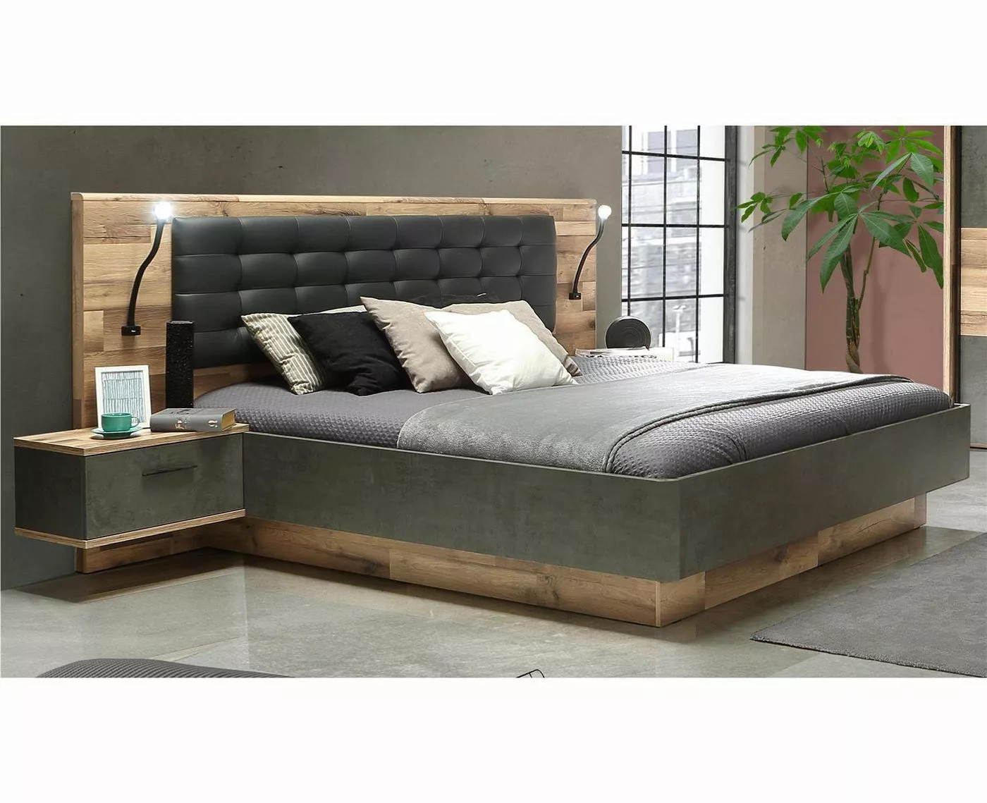 möbelando Bett Rhodos, Modernes Bett aus Spanplatte in Stabeiche Nachbildun günstig online kaufen