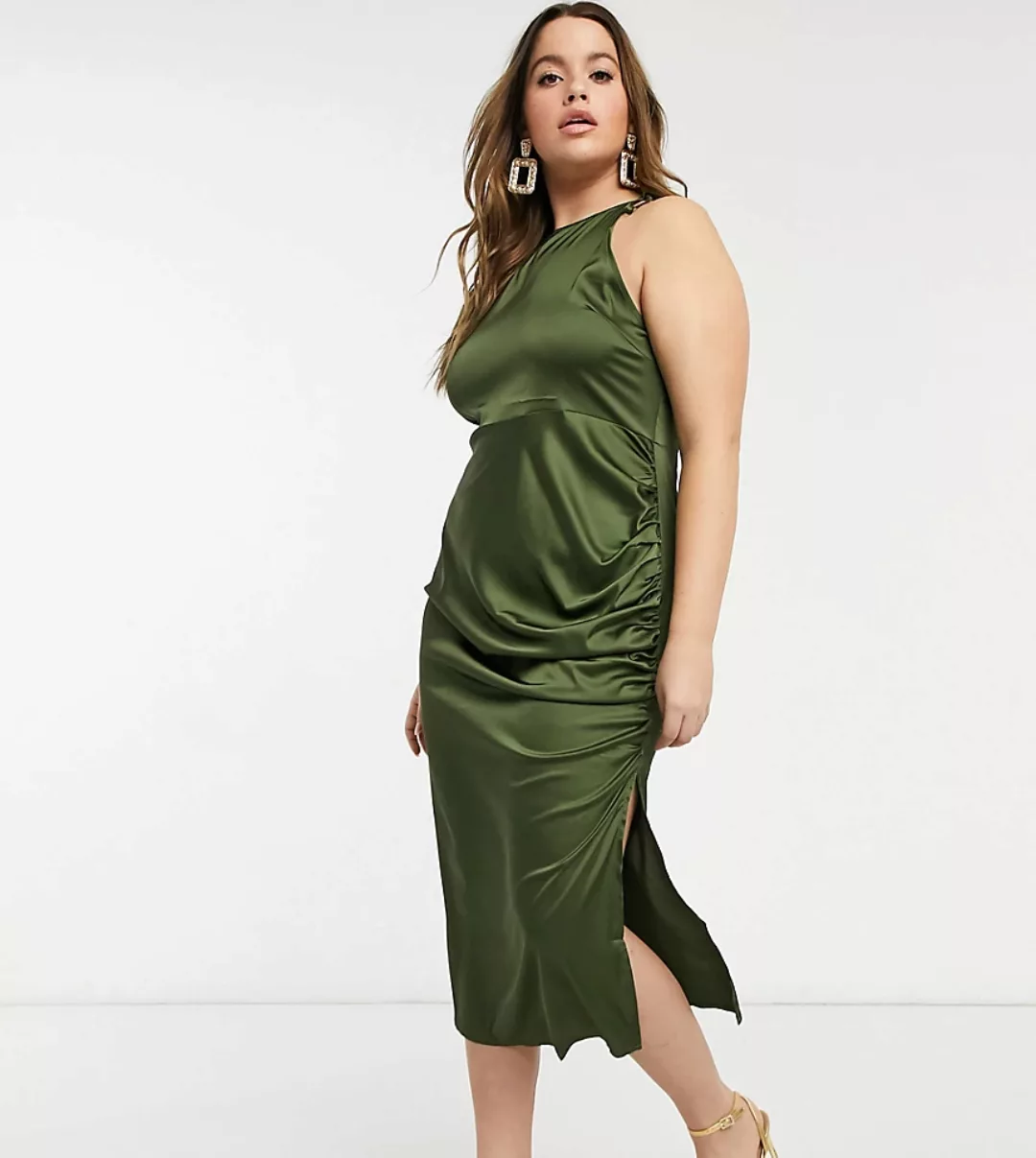 NaaNaa Plus – Hochgeschlossenes Satin-Kleid in Olivgrün günstig online kaufen