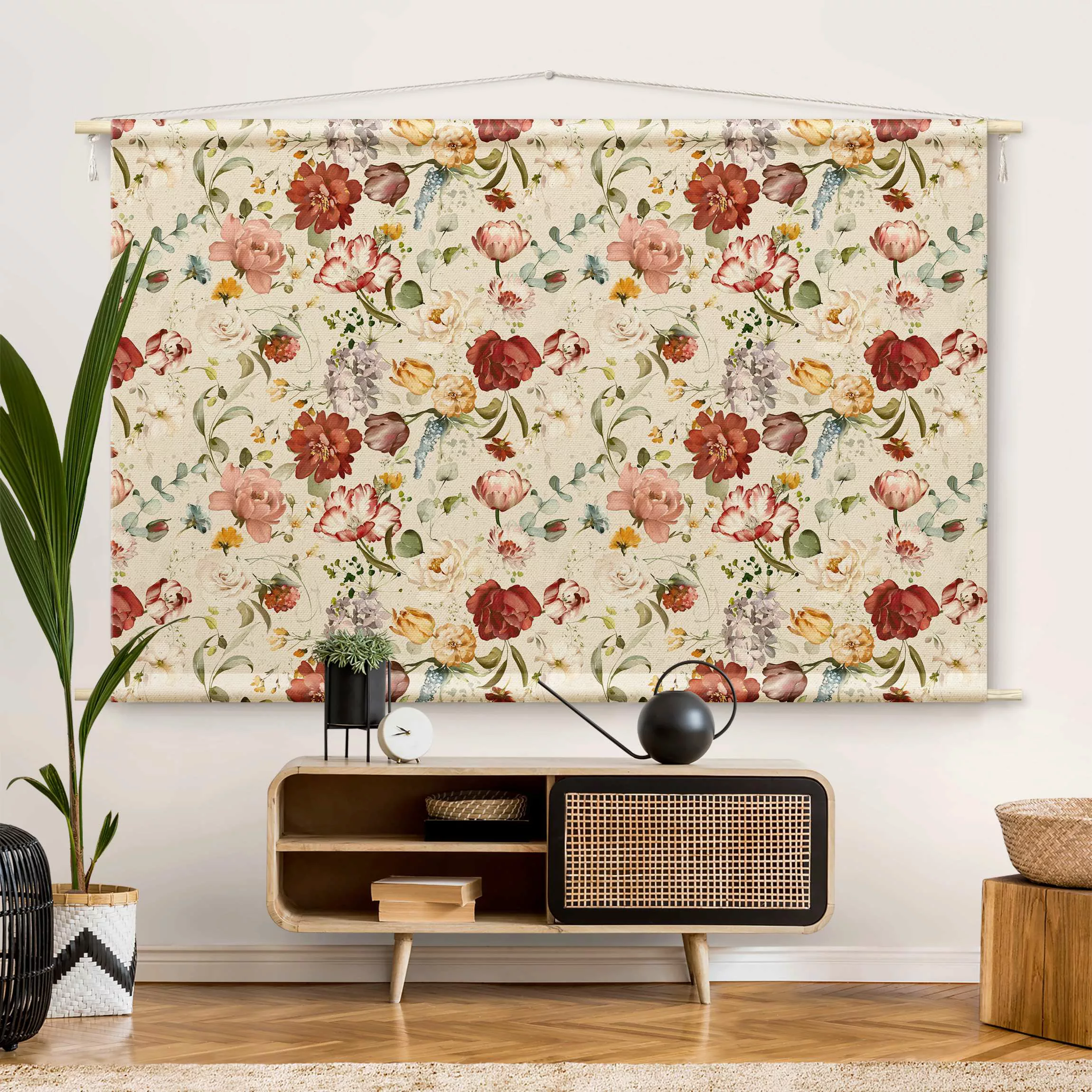 Wandteppich Blumen Aquarell Vintage Muster auf Beige günstig online kaufen