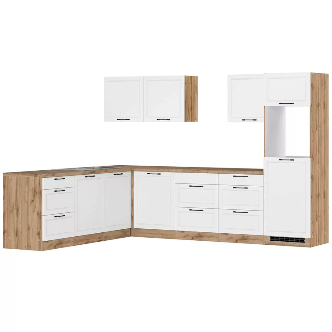 Winkelküche 300/240 cm in weiß und Eiche, Arbeitsplatte in Eiche, MONTERREY günstig online kaufen