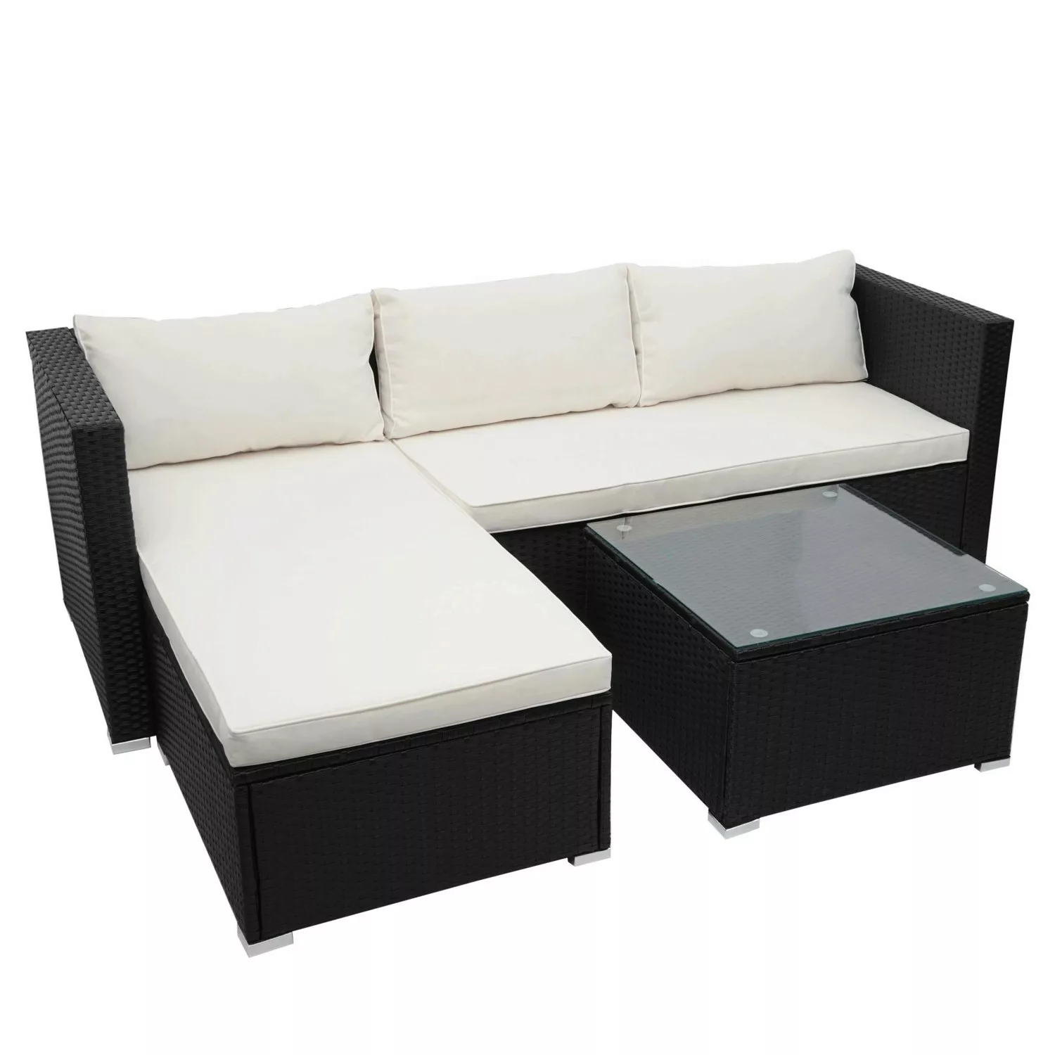 MCW Poly-Rattan Garnitur F57 3-teilig Schwarz Kissen Creme ohne Deko-Kissen günstig online kaufen