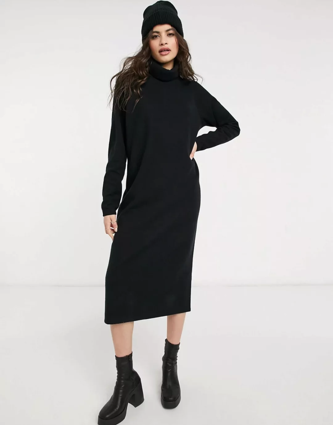 ASOS DESIGN – Superweiches Midi-Pulloverkleid in Schwarz mit Sichtnähten un günstig online kaufen