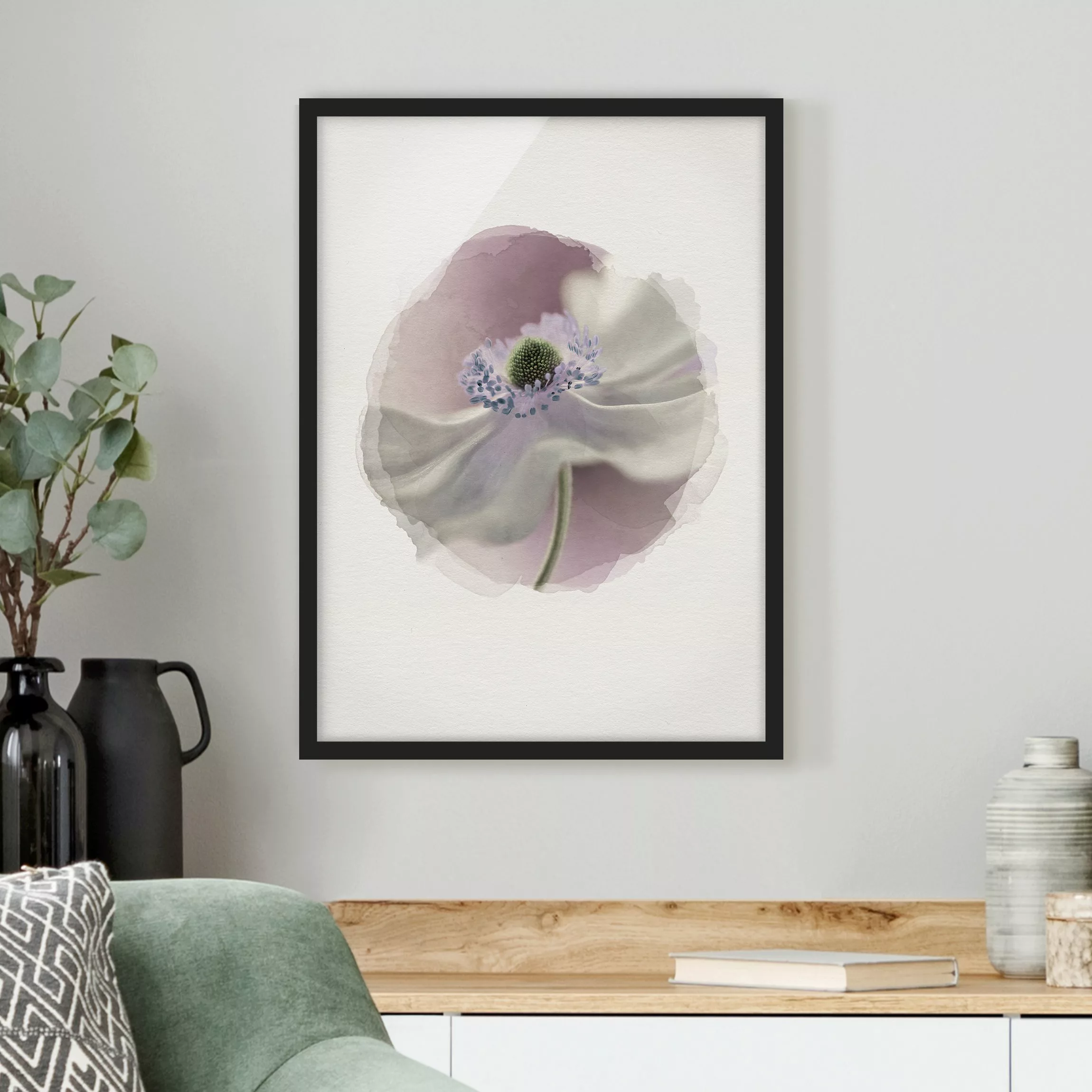 Bild mit Rahmen Blumen - Hochformat Wasserfarben - Anemonenbrise günstig online kaufen