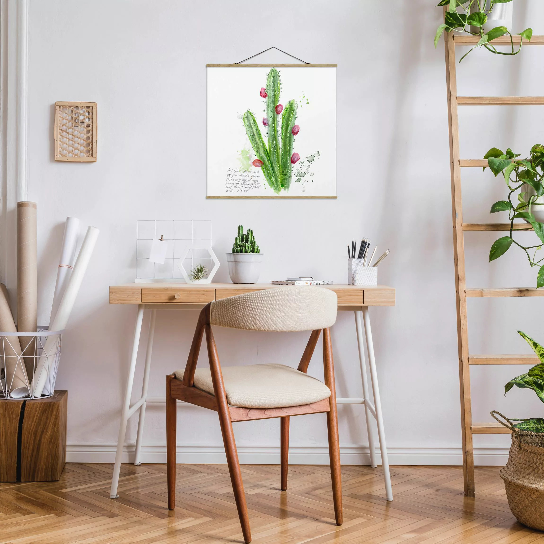 Stoffbild Blumen mit Posterleisten - Quadrat Kaktus mit Bibelvers II günstig online kaufen