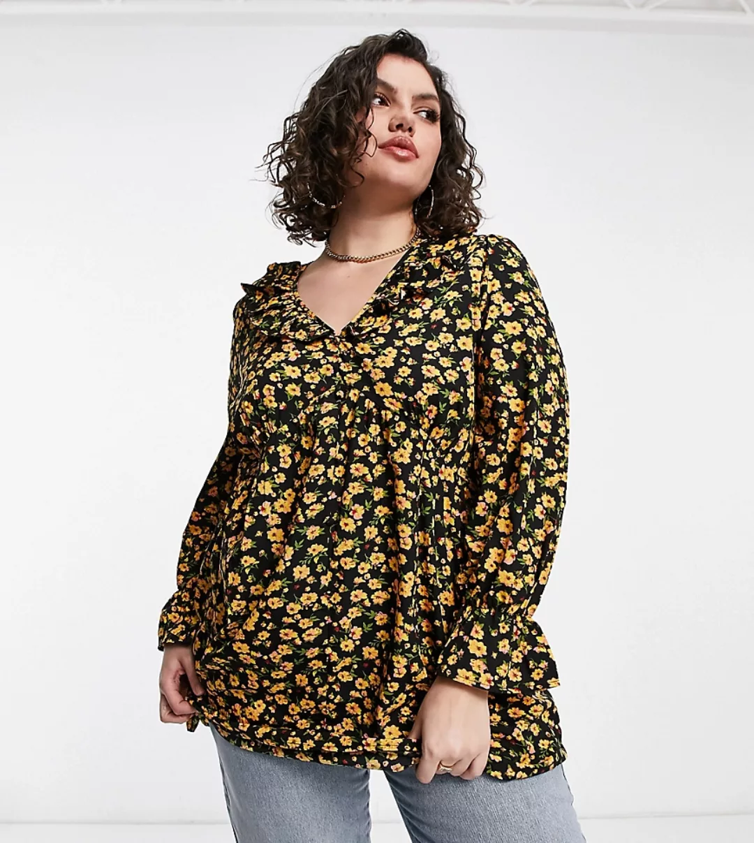 Yours – Bluse mit Rüschendetail und gelbem Blumenprint-Rosa günstig online kaufen