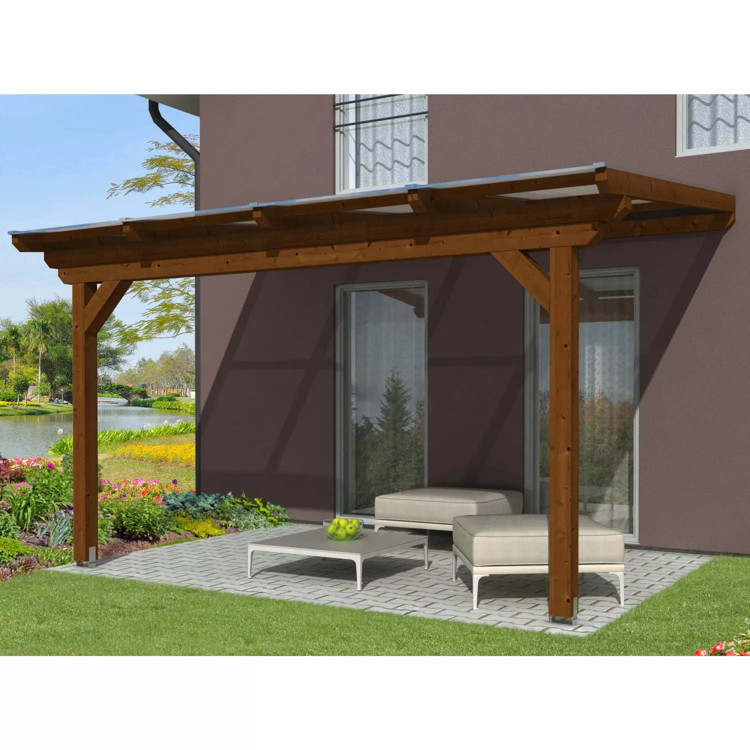 Skan Holz Terrassenüberdachung Ancona 434 x 250 cm Leimholz Nussbaum günstig online kaufen