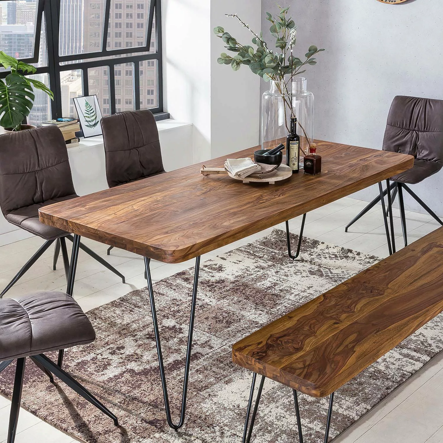 Esstisch Massivholz Sheesham 160 cm Esszimmer-Tisch Holztisch Metallbeine K günstig online kaufen
