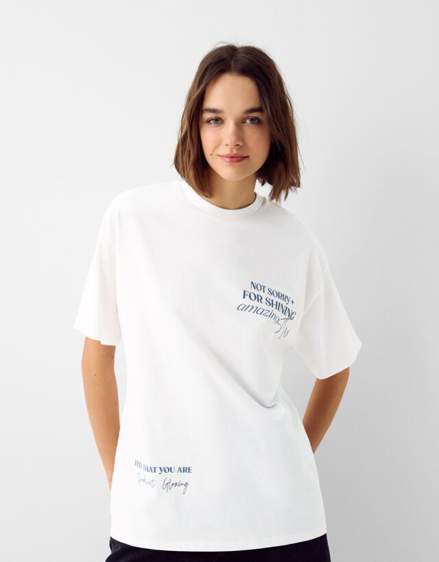 Bershka T-Shirt Mit Print Damen L Rohweiß günstig online kaufen