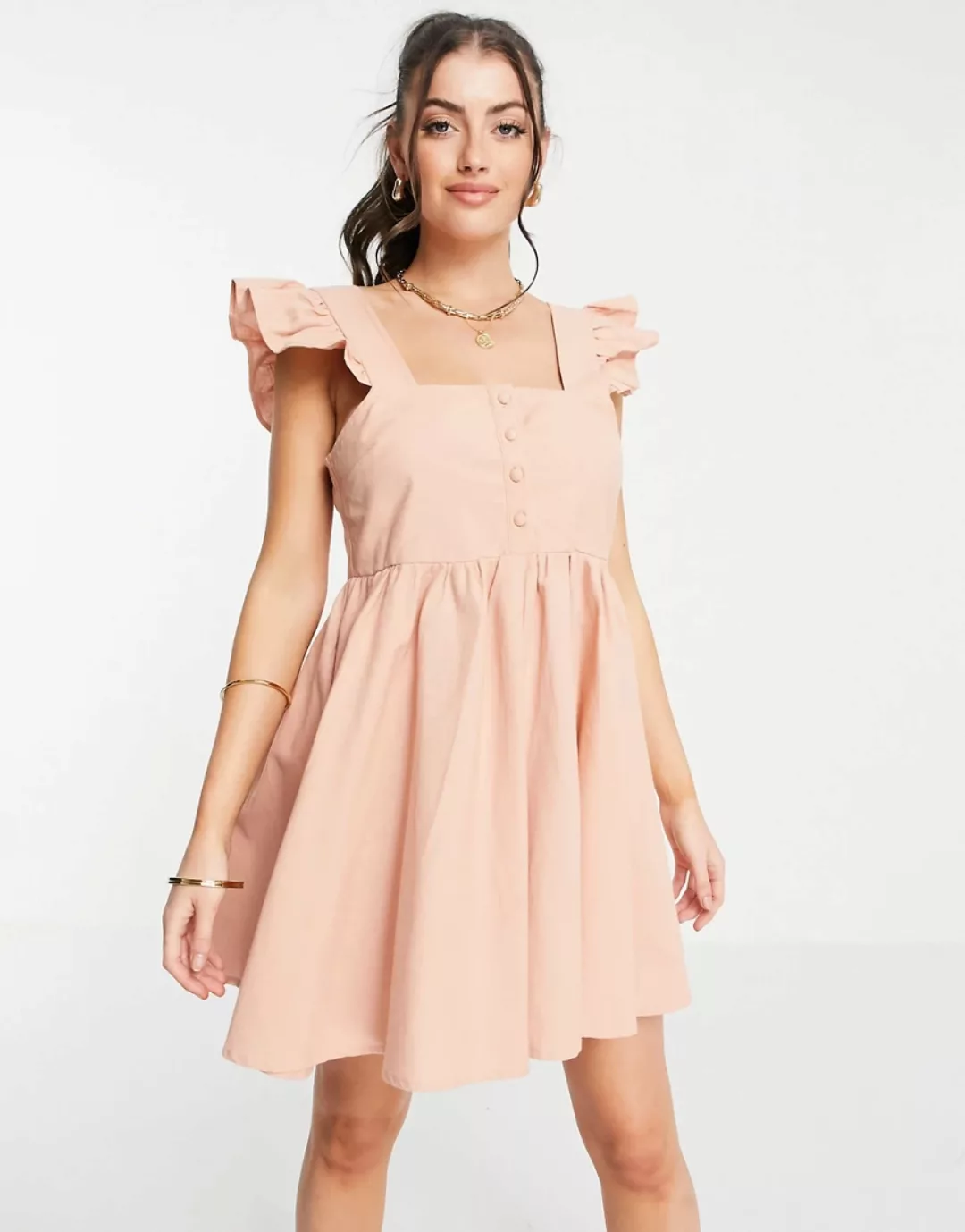 ASOS DESIGN – Gesmoktes Mini-Sommerkleid in Rosé aus Leinen mit Rüschen und günstig online kaufen
